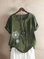 Women's Cotton Short Sleeve Top with Dandelion Print and Button Detail