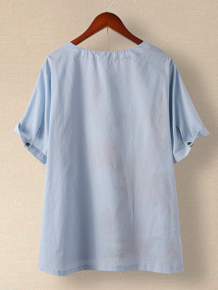 Flowers Printed Patchwork Button Round Neck Blouse