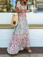 LilyWish V-neck Short Sleeve Floral Bohemia Maxi Dress