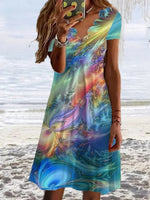 Blue Casual V Neck Ombre Short Sleeve Dresses