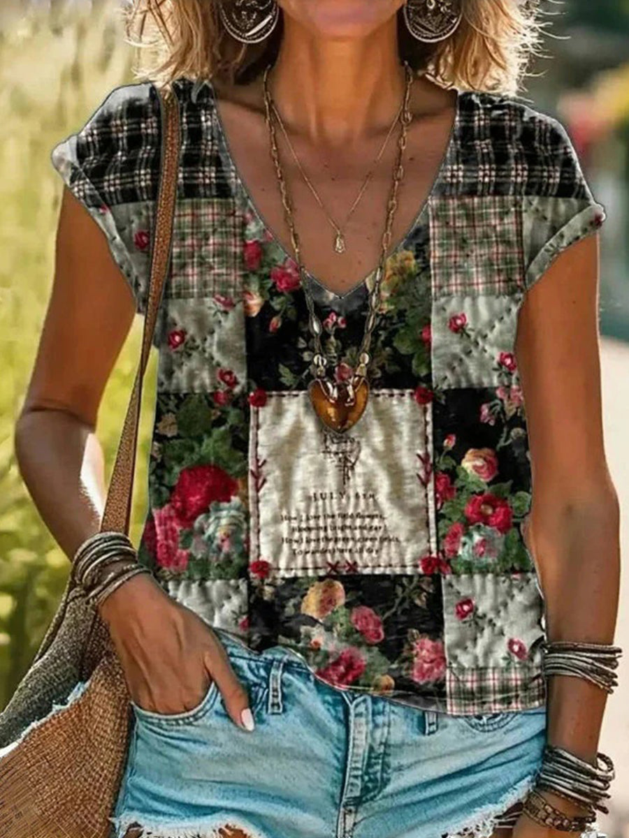 LilyWish Vintage Floral Print V-neck Short Sleeve T-Shirt