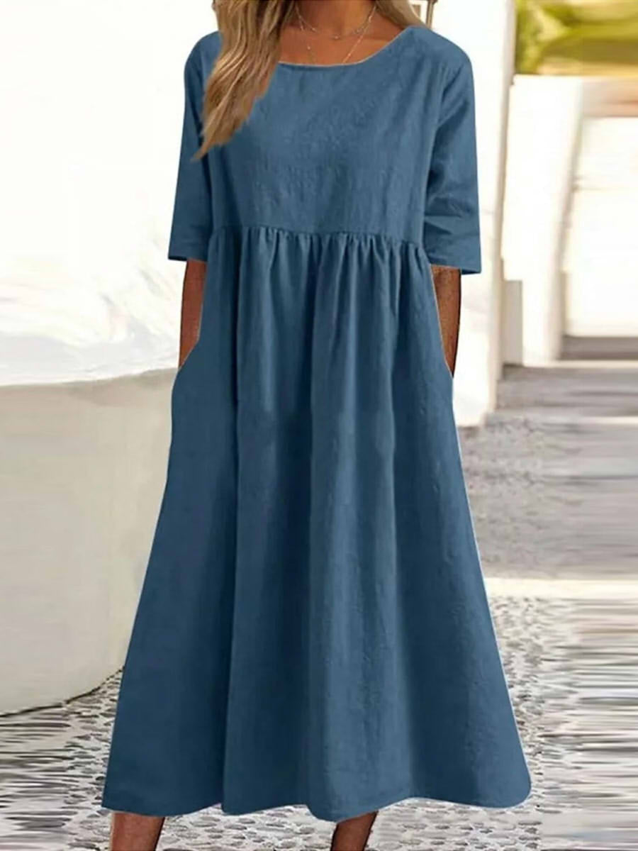 LilyWish Round Neck Half Sleeve Cotton Loose Fit Midi Dress