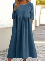 LilyWish Round Neck Half Sleeve Cotton Loose Fit Midi Dress