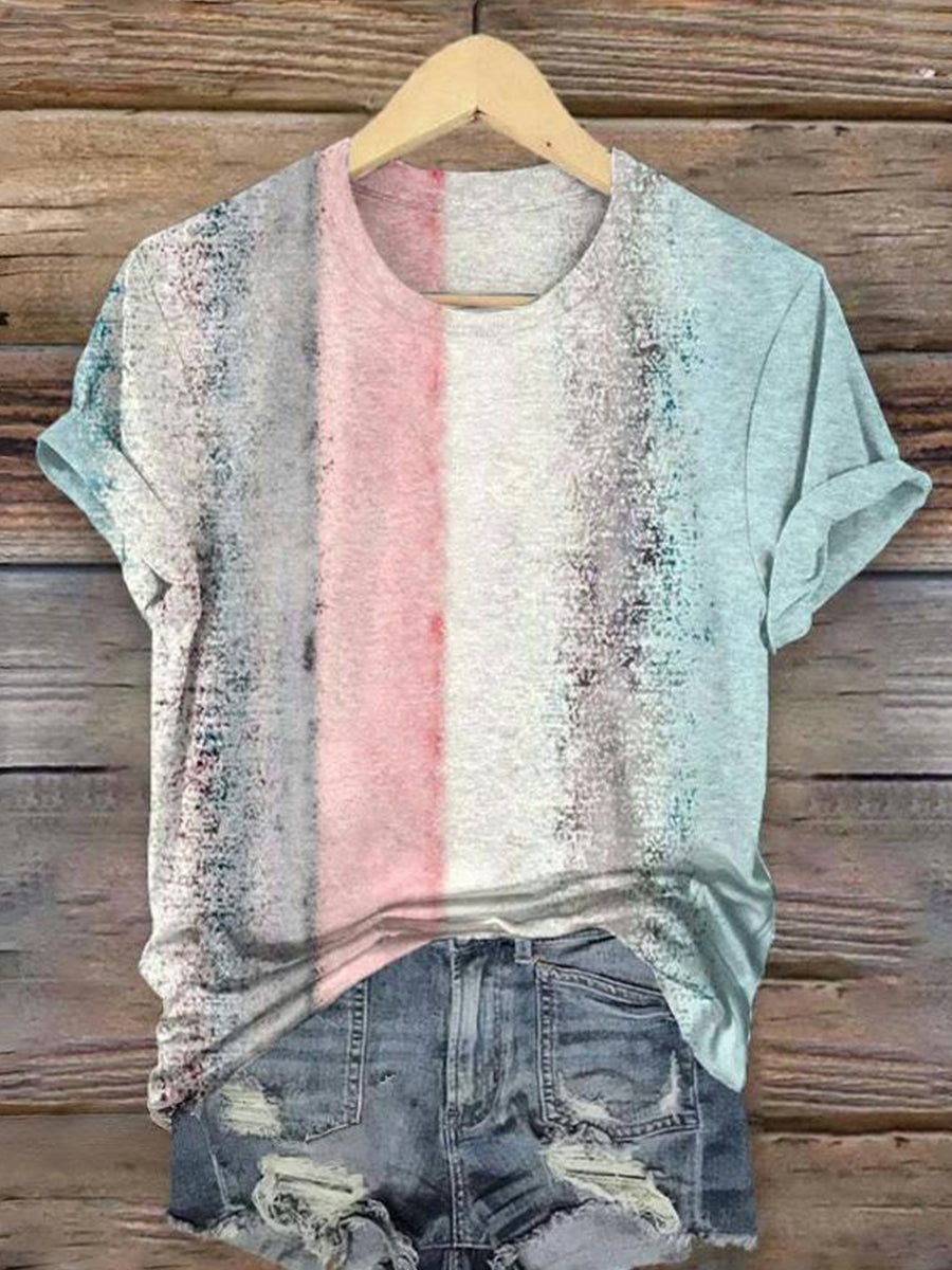 LilyWish Gradient Colour Block Round Neck Short Sleeve T-Shirt