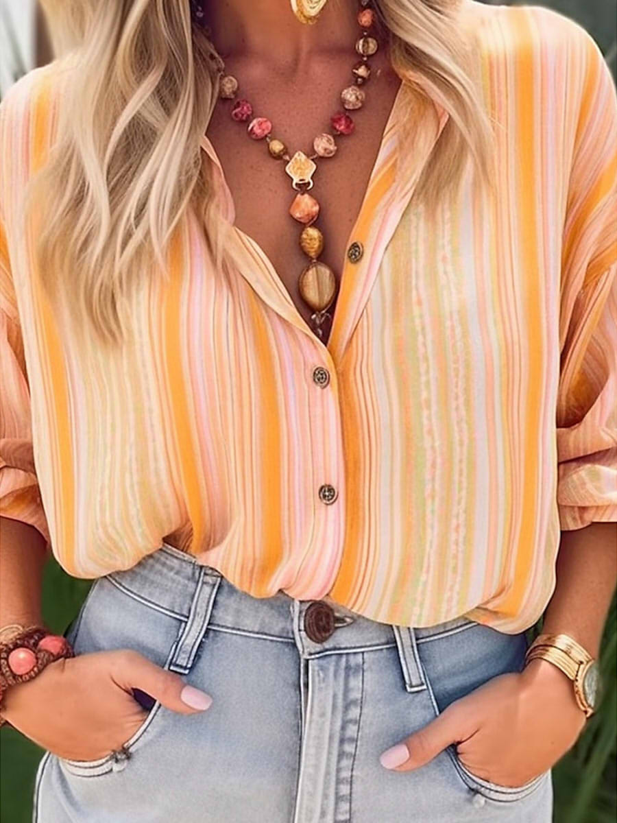 LilyWish Casual Shirt Collar Long Sleeve Striped Button Blouse