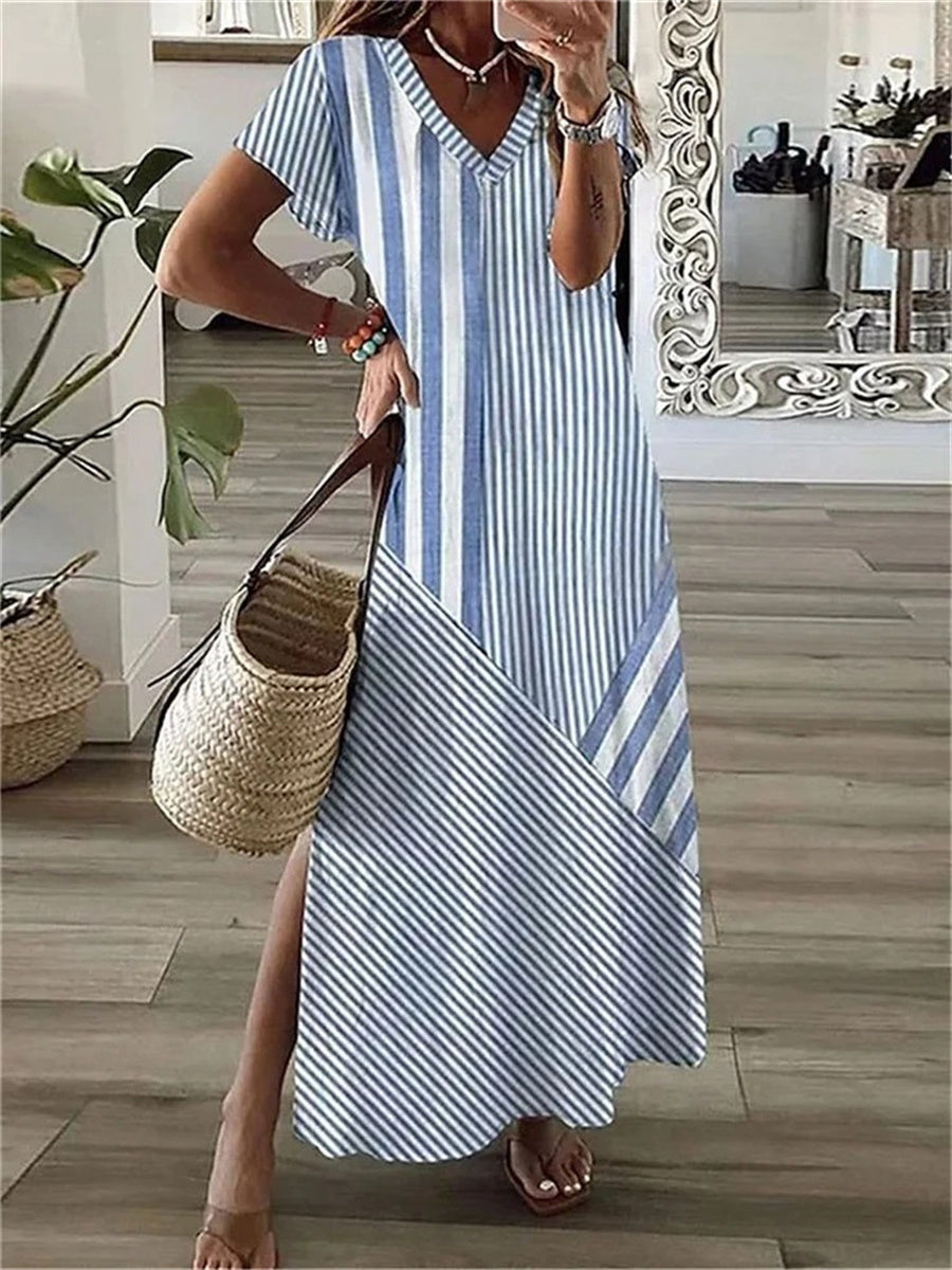 Striped Print V-neck Short Sleeve Maxi Dress