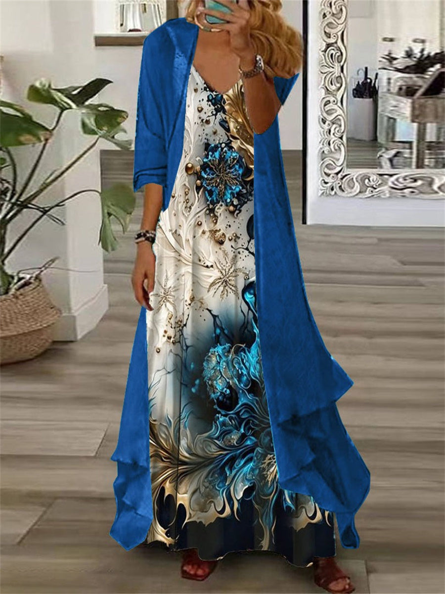 LilyWish Floral Half Sleeve V-Neck Two Pieces Maxi Dress