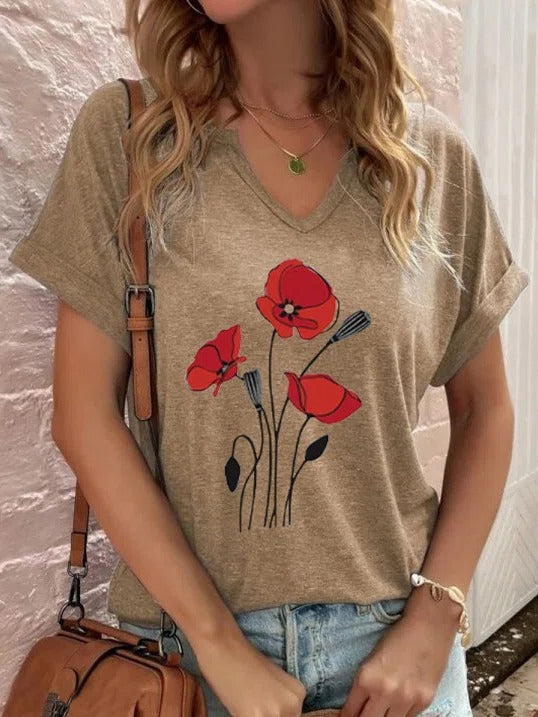 Khaki Casual Graphic Tops V Neck Floral Printed Short Sleeve Blouse