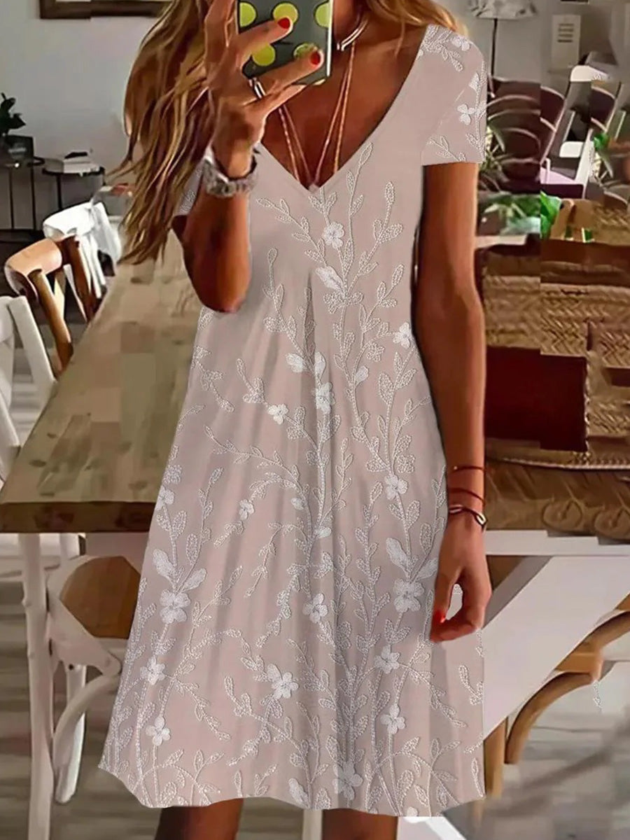 LilyWish Pink V-neck Short Sleeve Mini Dress