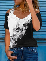 Black Casual Graphic Tops V Neck Floral Printed Short Sleeve Blouse