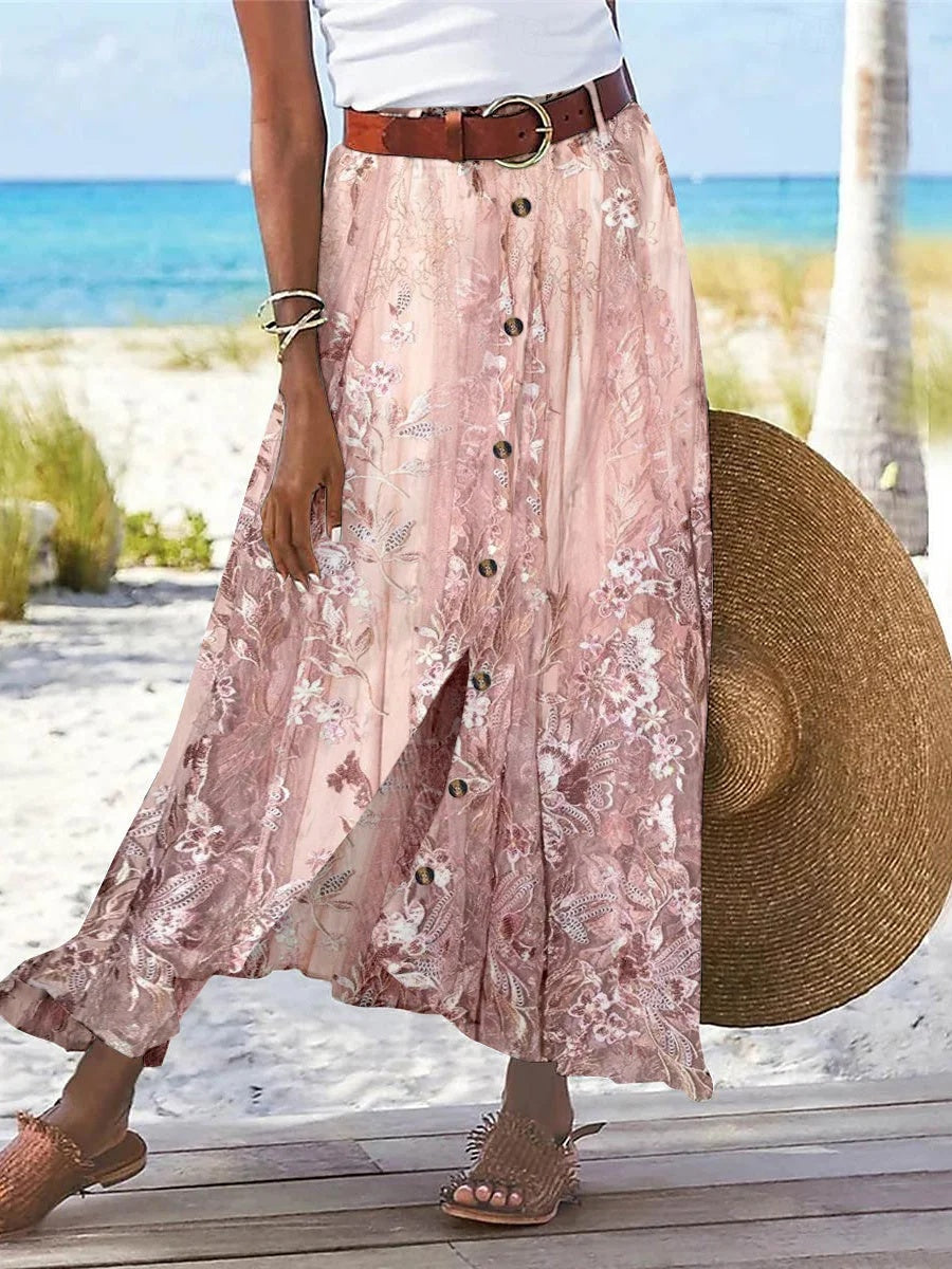 Women's Floral Printed Graphic Straight Fashion Split Button Maxi High Waist Skirt