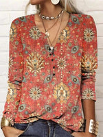 LilyWish Women's Vintage Floral Print Long Sleeve Henley Top