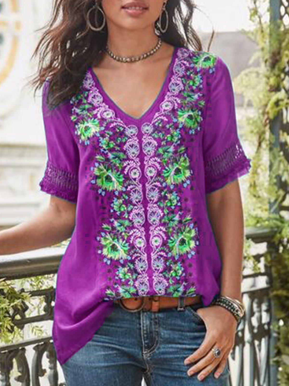 Casual Short Sleeve Patchwork V-neck Blouse