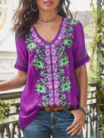 Casual Short Sleeve Patchwork V-neck Blouse