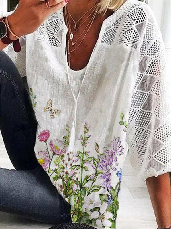 LilyWish Floral Print Casual V Neck 3/4 Sleeve Blouse