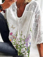 LilyWish Floral Print Casual V Neck 3/4 Sleeve Blouse