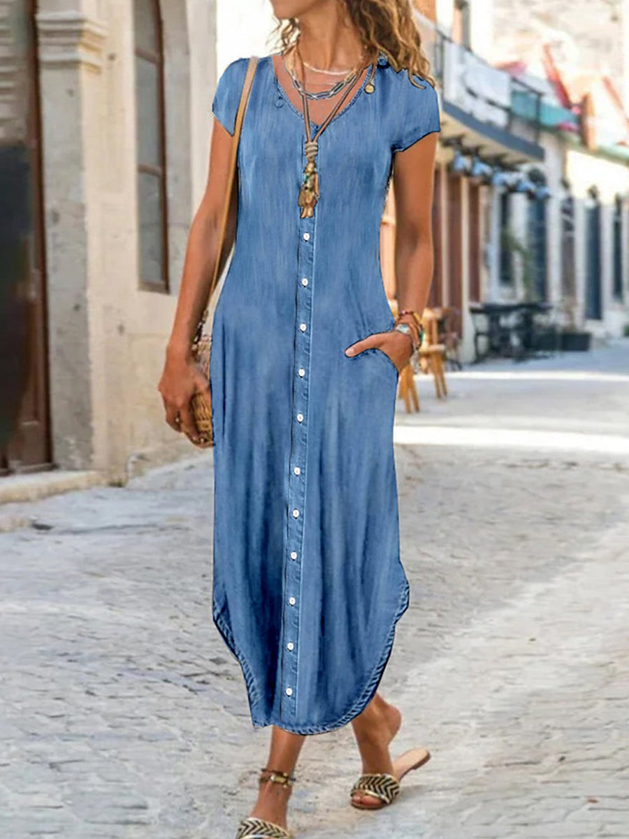 LilyWish Casual Sweetheart Short Sleeve Denim Button Pocket Maxi Dress