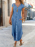 LilyWish Casual Sweetheart Short Sleeve Denim Button Pocket Maxi Dress