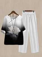 Black Casual Round Neck Rose Printed Half Sleeve Two Piece Suit