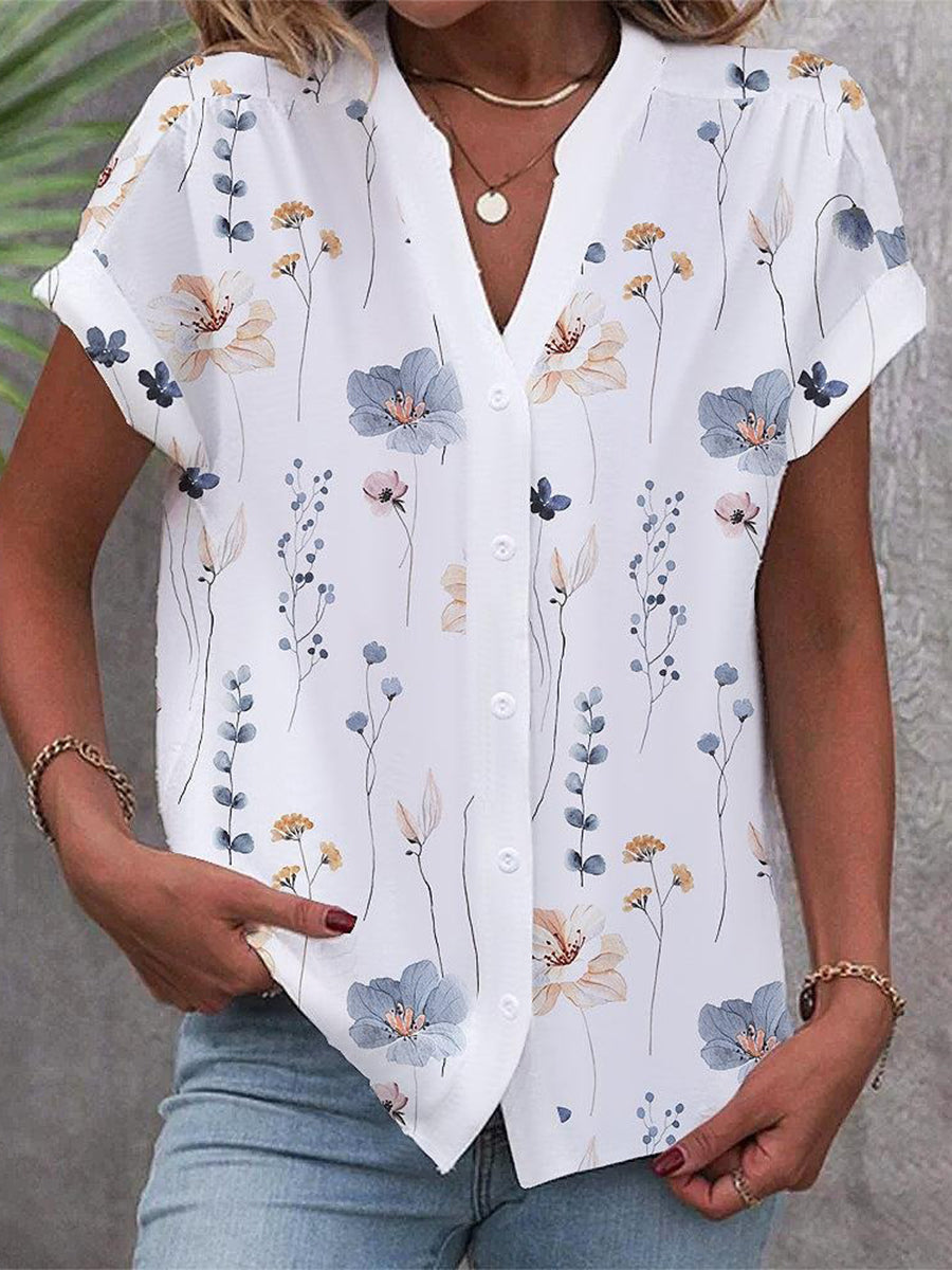 LilyWish Floral Printed Buttoned V Neck Shirt
