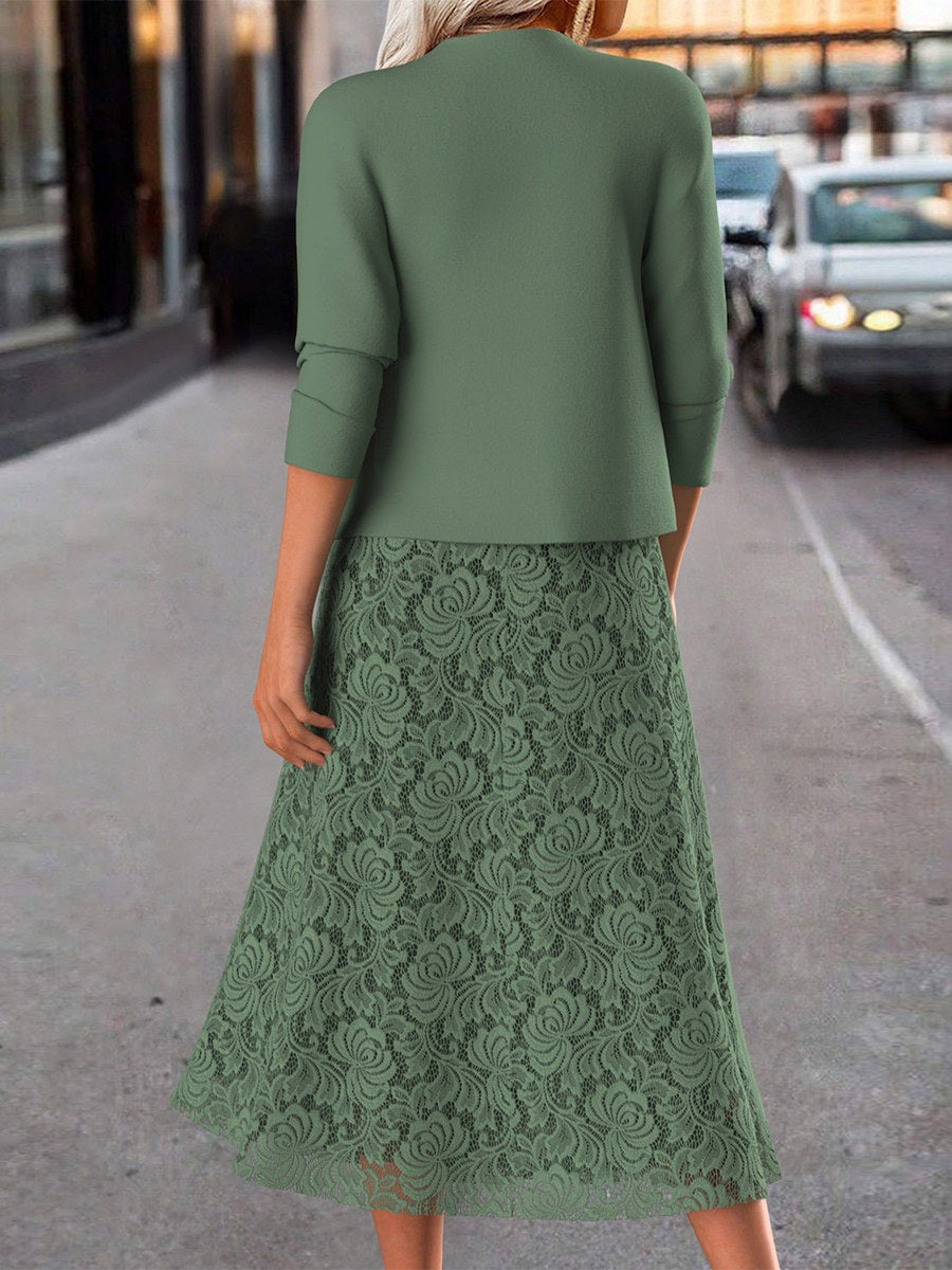 Solid Crew Neck Long Sleeve Comfy Two-Piece Dress