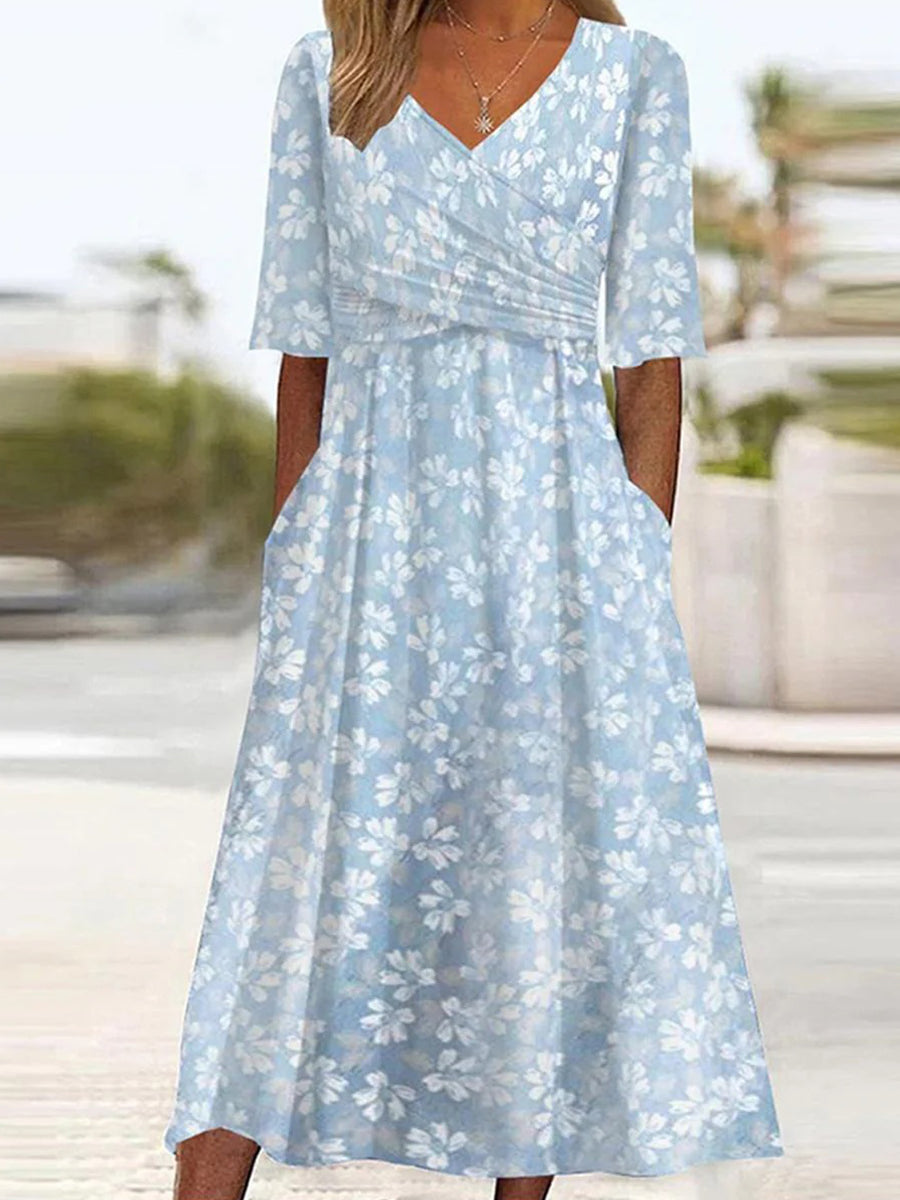 Side Pocket Floral Print V-neck Short Sleeve Midi Dress