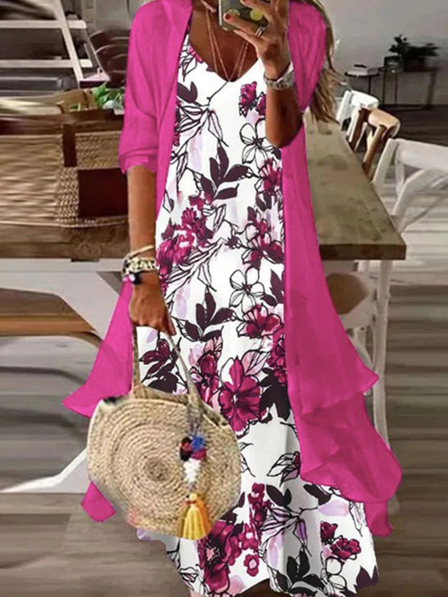 LilyWish Romantic Floral Print Maxi Dress With Jacket