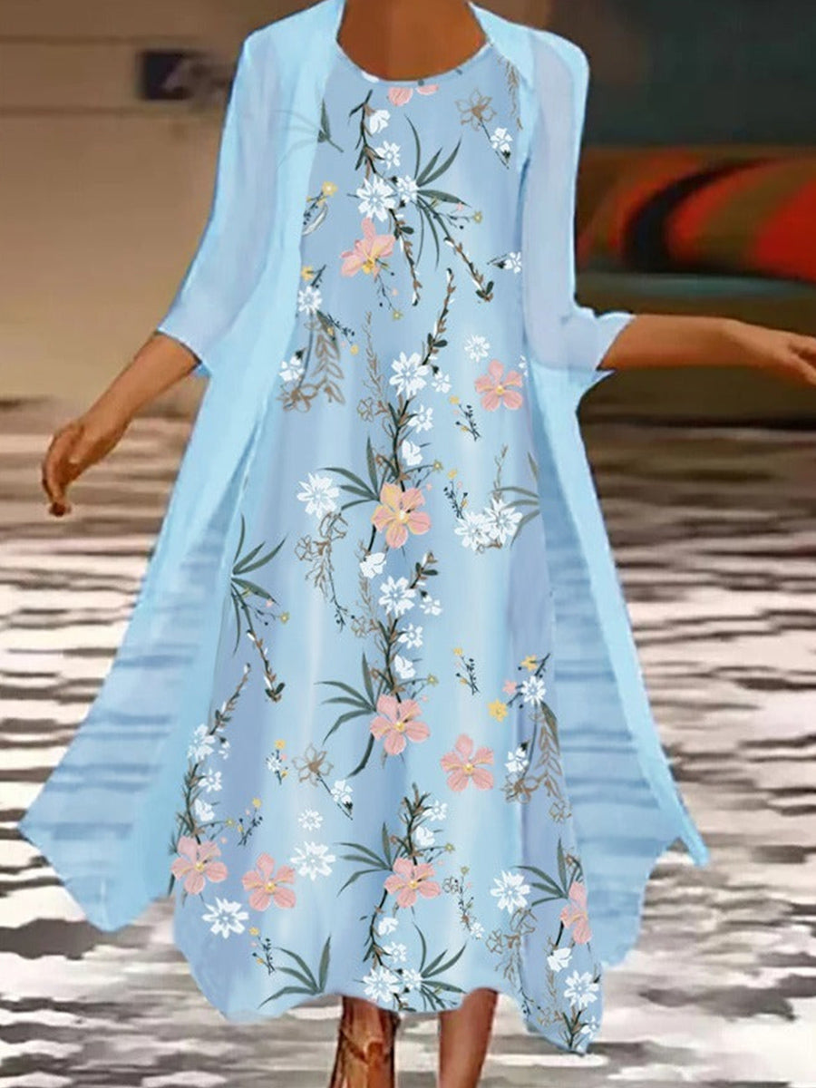 LilyWish Casual Sky Blue Floral Printed Round Neck Two Piece Maxi Dress