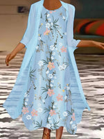 LilyWish Casual Sky Blue Floral Printed Round Neck Two Piece Maxi Dress
