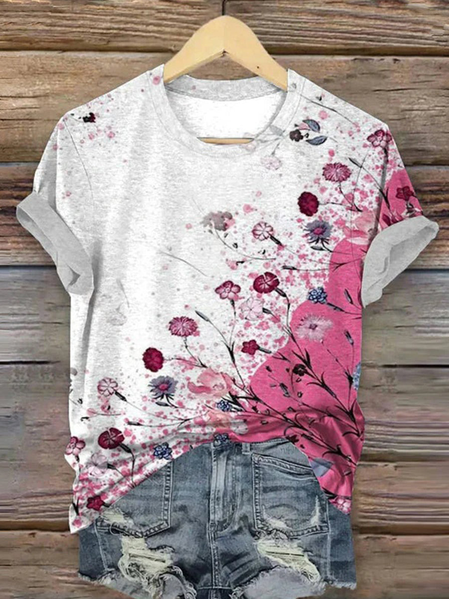 LilyWish Vintage Floral Print Round Neck Short Sleeve T-Shirt