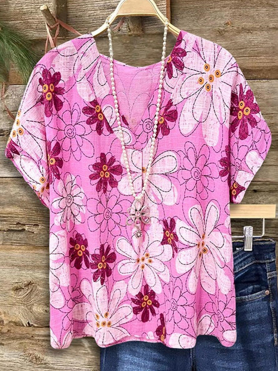 LilyWish Sweet Floral Print V-Neck Short SLeeve Top