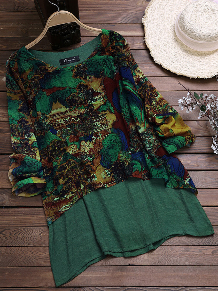 LilyWish Landscape Print Patchwork Round Neck Long Sleeve Blouse