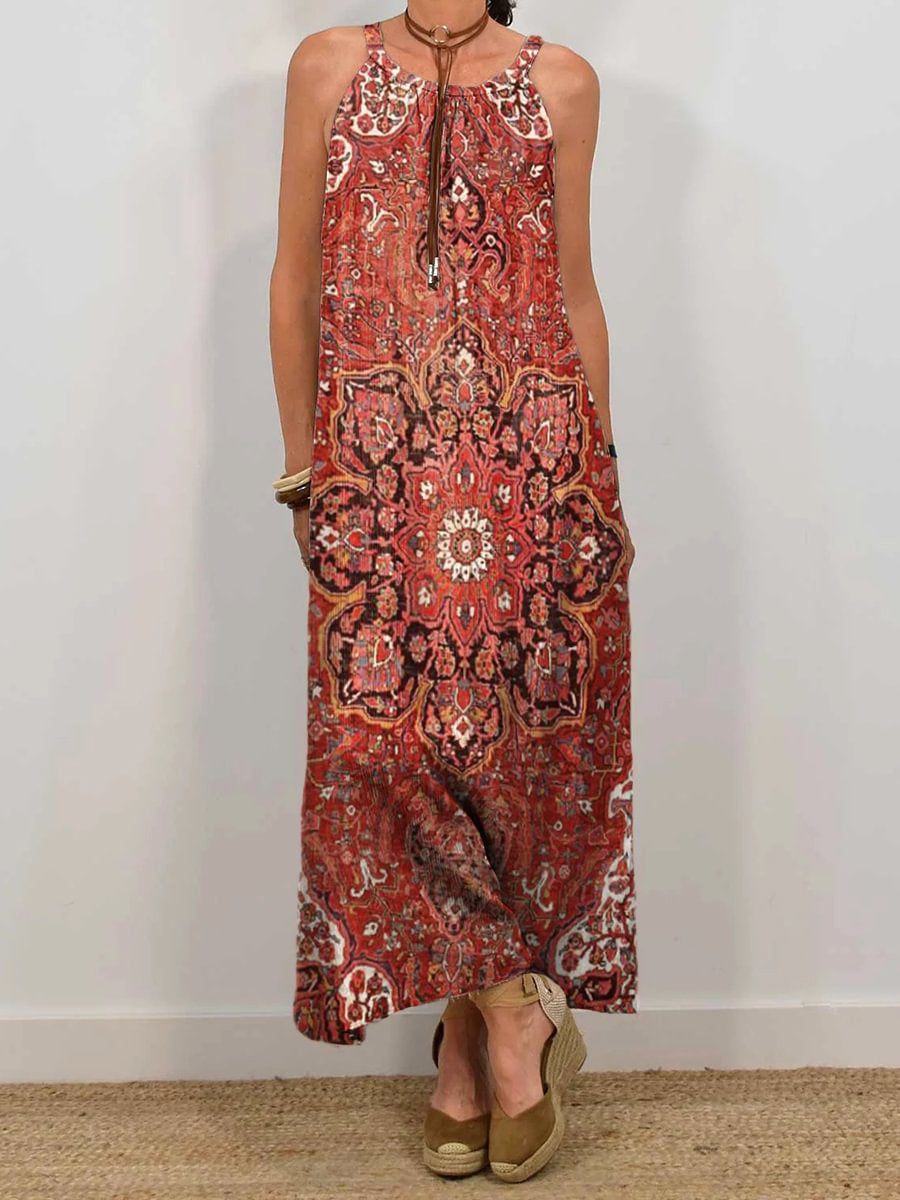 Women's Vintage Bohemian Ethnic Art Print Sleeveless Pocket Dress