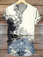 LilyWish Vintage Floral Print V-neck Short Sleeve T-Shirt
