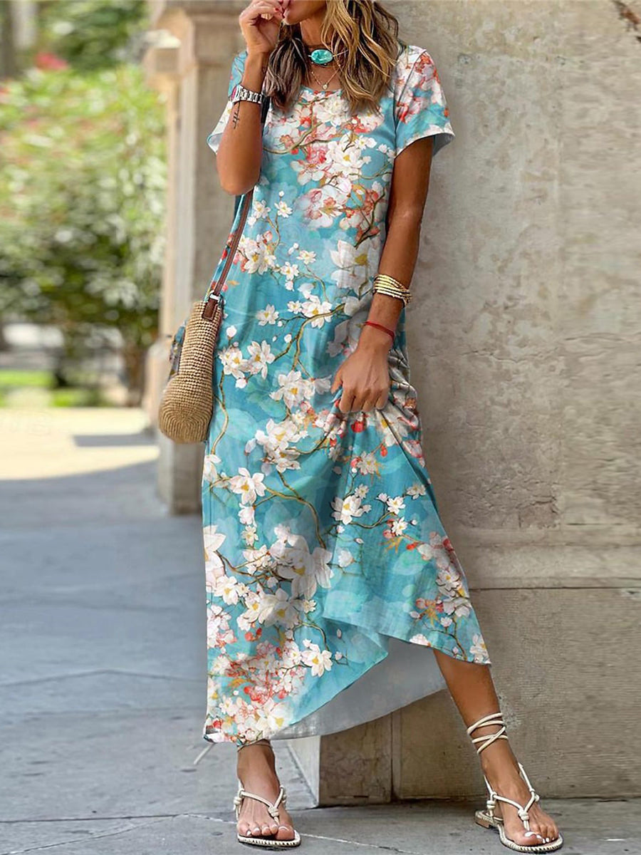Casual Crew Neck Short Sleeve Floral Maxi Dress