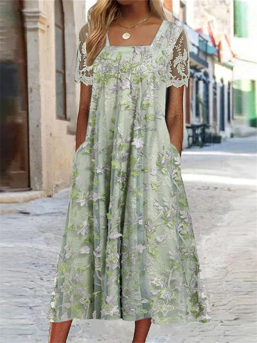 Women's Short Sleeve Square Collar Floral Printed Lace Stitching Midi Dress