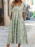Women's Short Sleeve Square Collar Floral Printed Lace Stitching Midi Dress