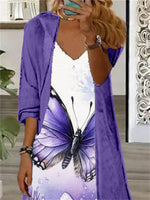 Women's Long Sleeve V-neck Graphic Printed Two Pieces Maxi Dress