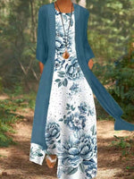 Loose Floral Print Sleeveless Dress with Blue Lightweight Cardigan