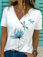 LilyWish Women's Floral Print Casual V-Neck Short Sleeve White T-Shirt