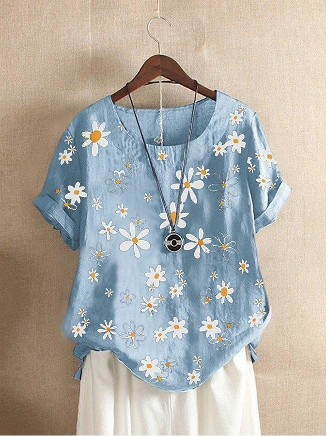 LilyWish Women's Summer Daisy Print Casual Short Sleeve Loose Blouse