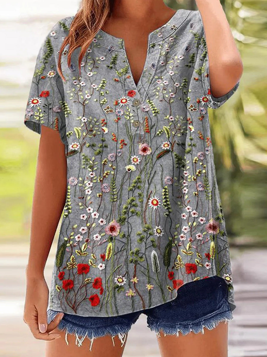 LilyWish Retro Grey Floral Print V-neck Short Sleeve Top