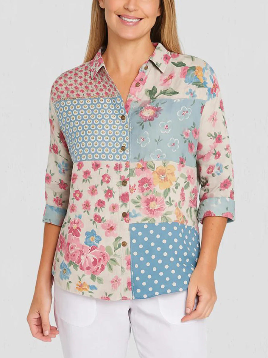 LilyWish Youthful Blue Floral Print Long Sleeve Top