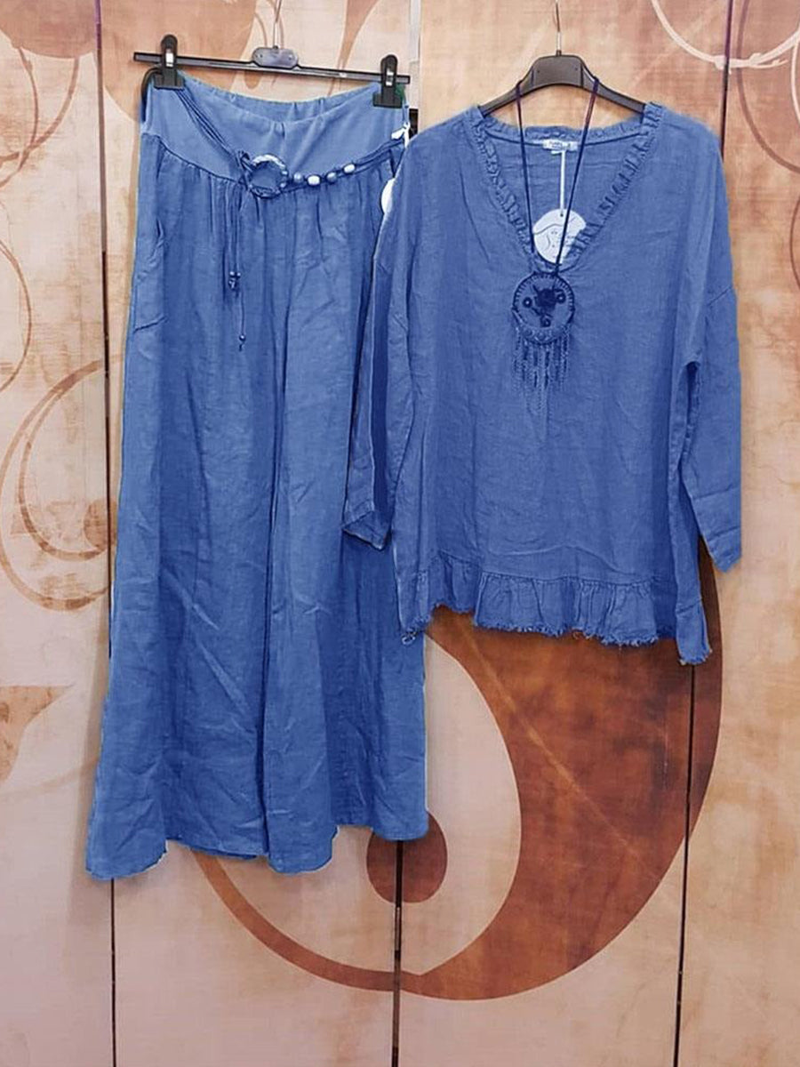 Blue Casual V Neck Solid Long Sleeve Two Piece Sets