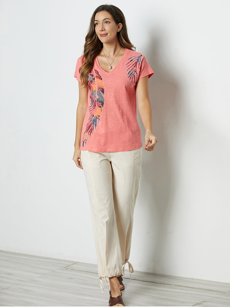 LilyWish Hot Coral Feather Print V-neck Short Sleeve Blouse