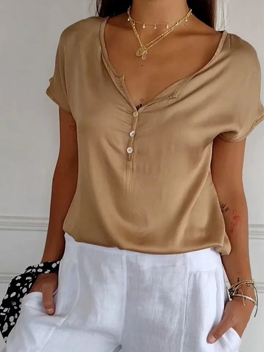 LilyWish Solid Short Sleeve Buttoned V Neck T-Shirt