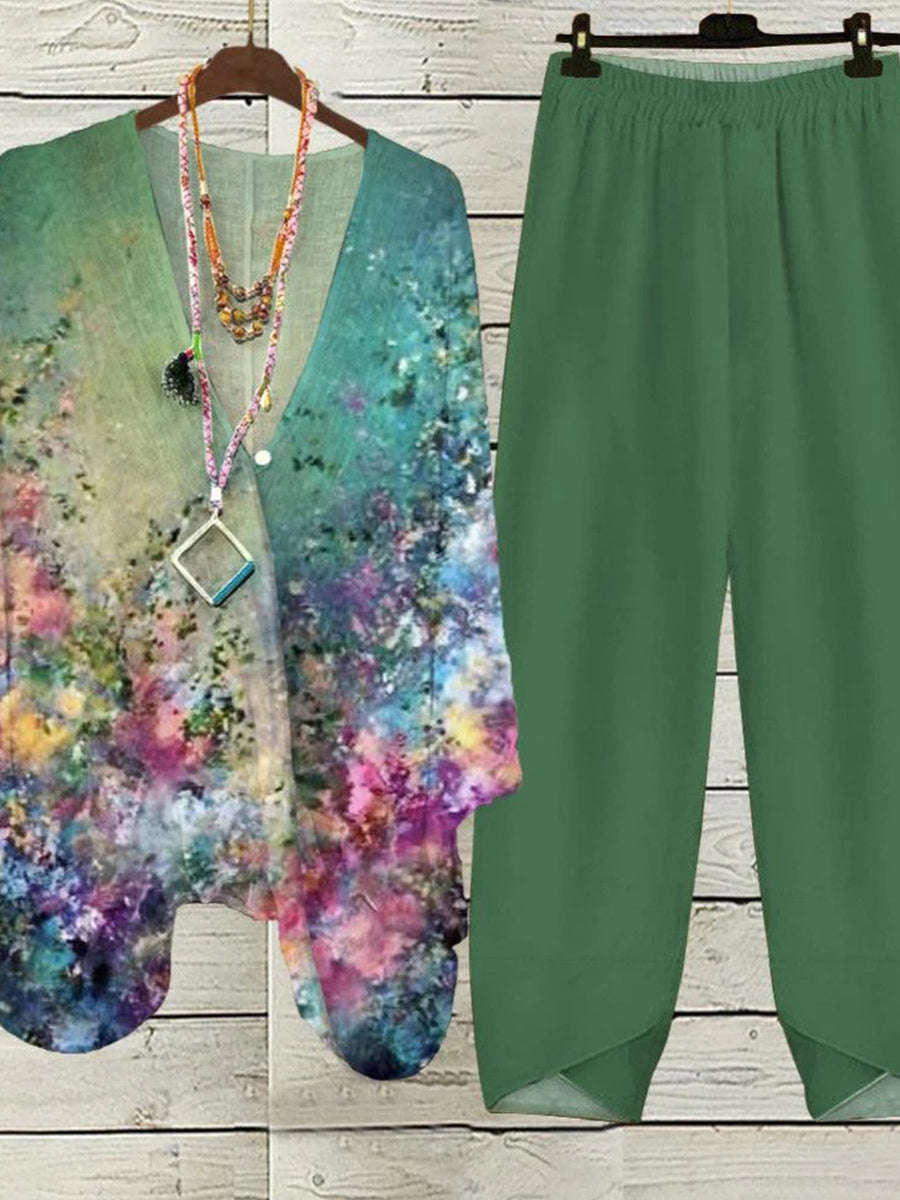 Green V-Neck Long Sleeve Floral Print Two Piece Set