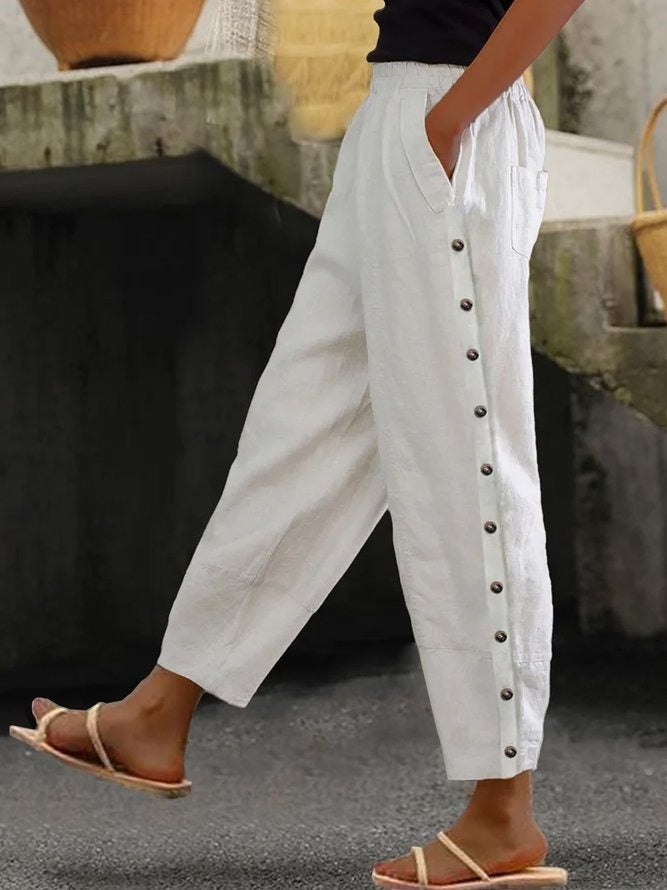 White Casual Solid Pants with Pockets