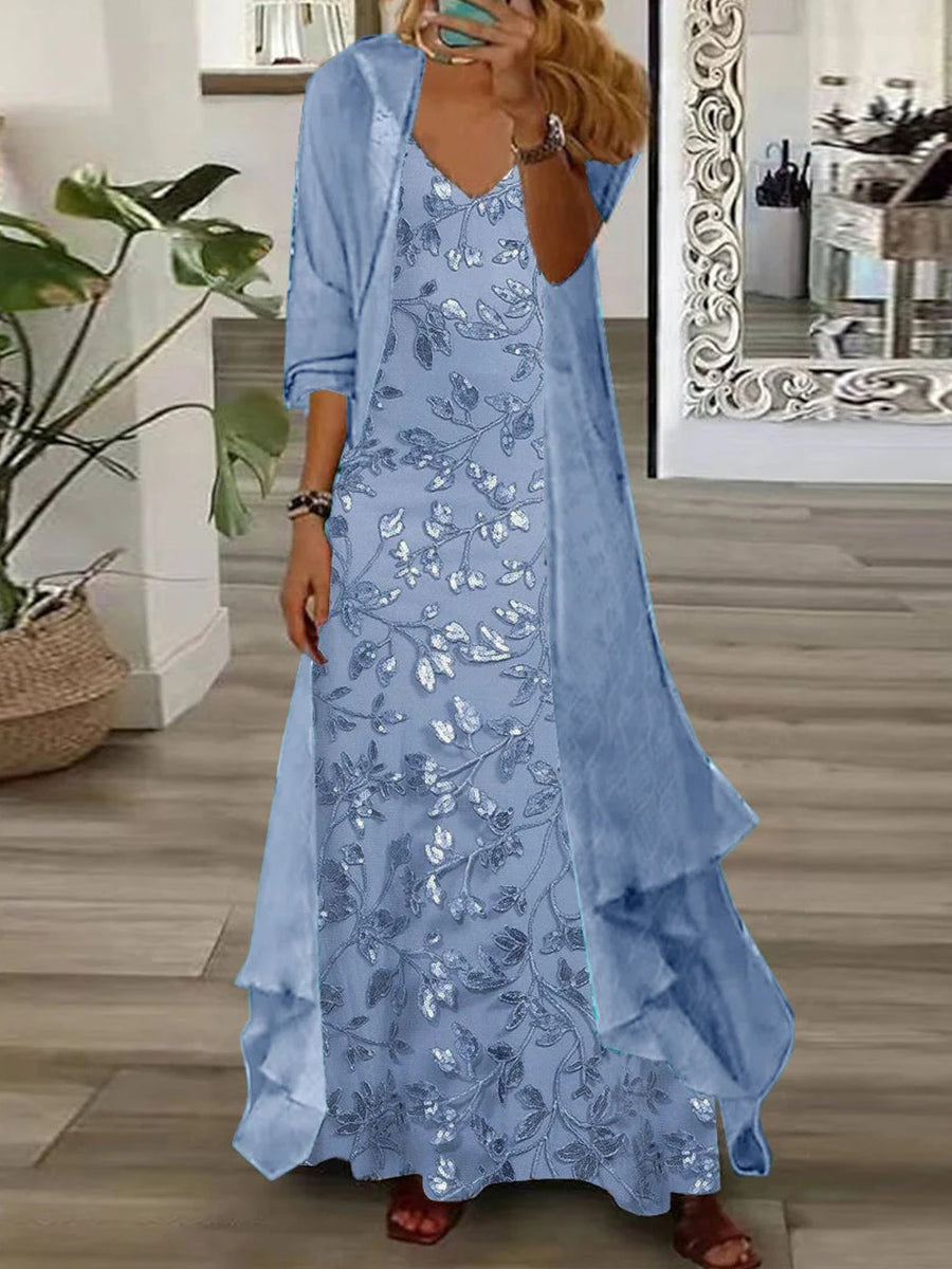 Women's Long Sleeve V-neck Floral Printed Two Pieces Maxi Dress