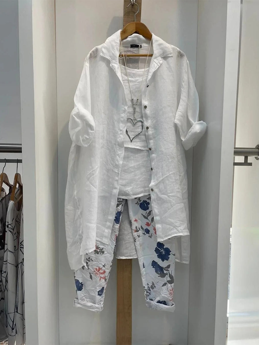 Plus Size White Tank Top Trouser Cardigan Three Piece Set